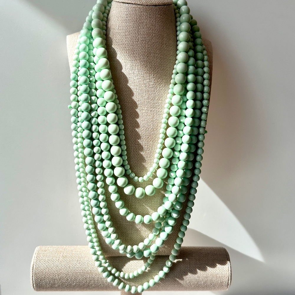 Vintage Multi Strand Beaded Statement Necklace | Mint Green | RARE